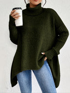 Oversized Roll Neck Jumper for Women with Asymmetric Hem
