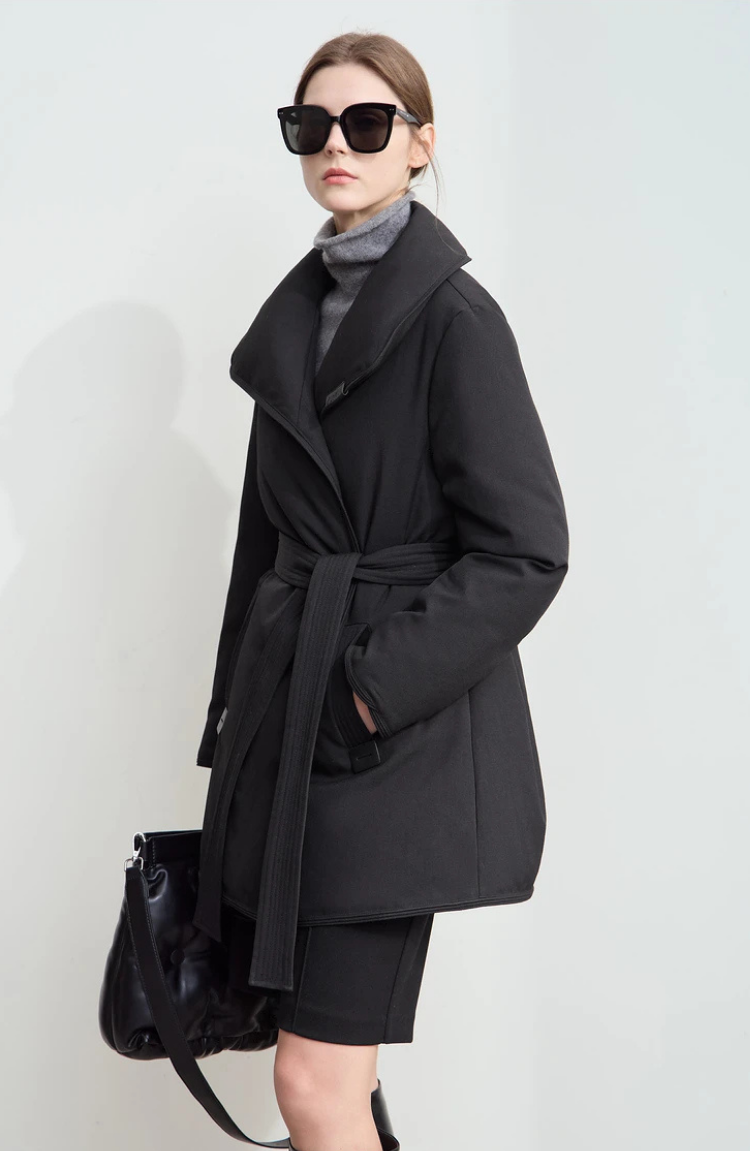 Belted Down Jacket with Shawl Collar