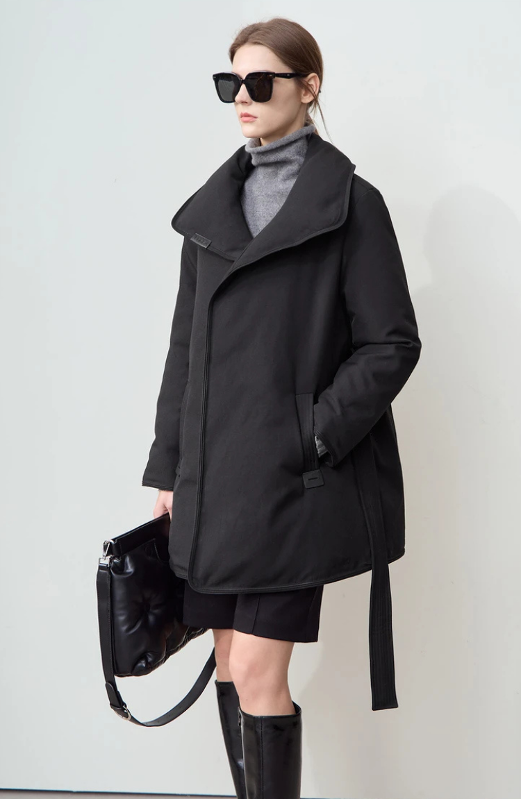 Belted Down Jacket with Shawl Collar