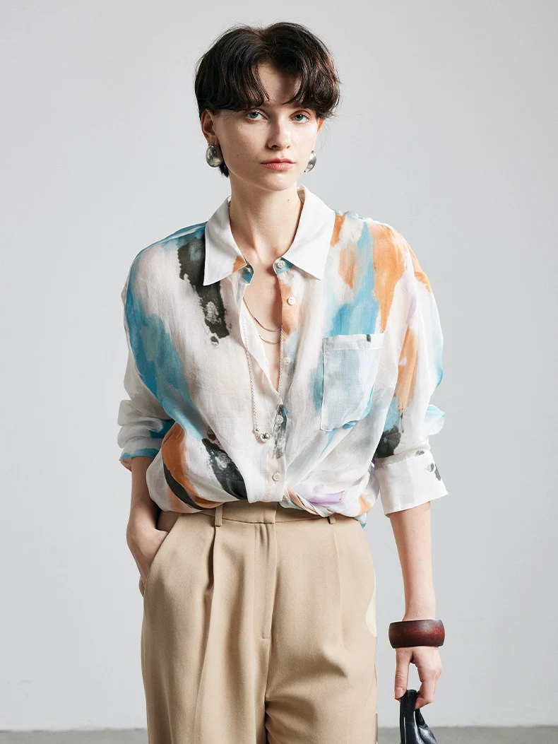 Printed Ramie Button-Up Blouse
