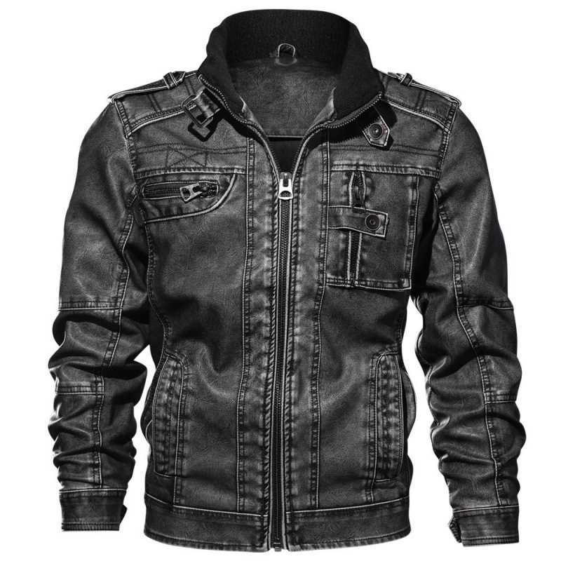 Men's Biker Jacket with Stand-Up Collar and Zip Pocket