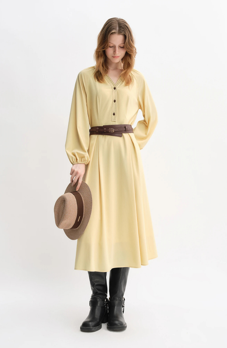 Long Sleeve Belted Midi Shirt Dress for Women