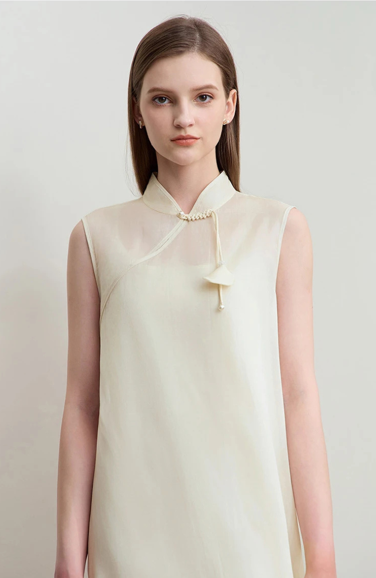 Sleeveless Mandarin Collar Midi Dress