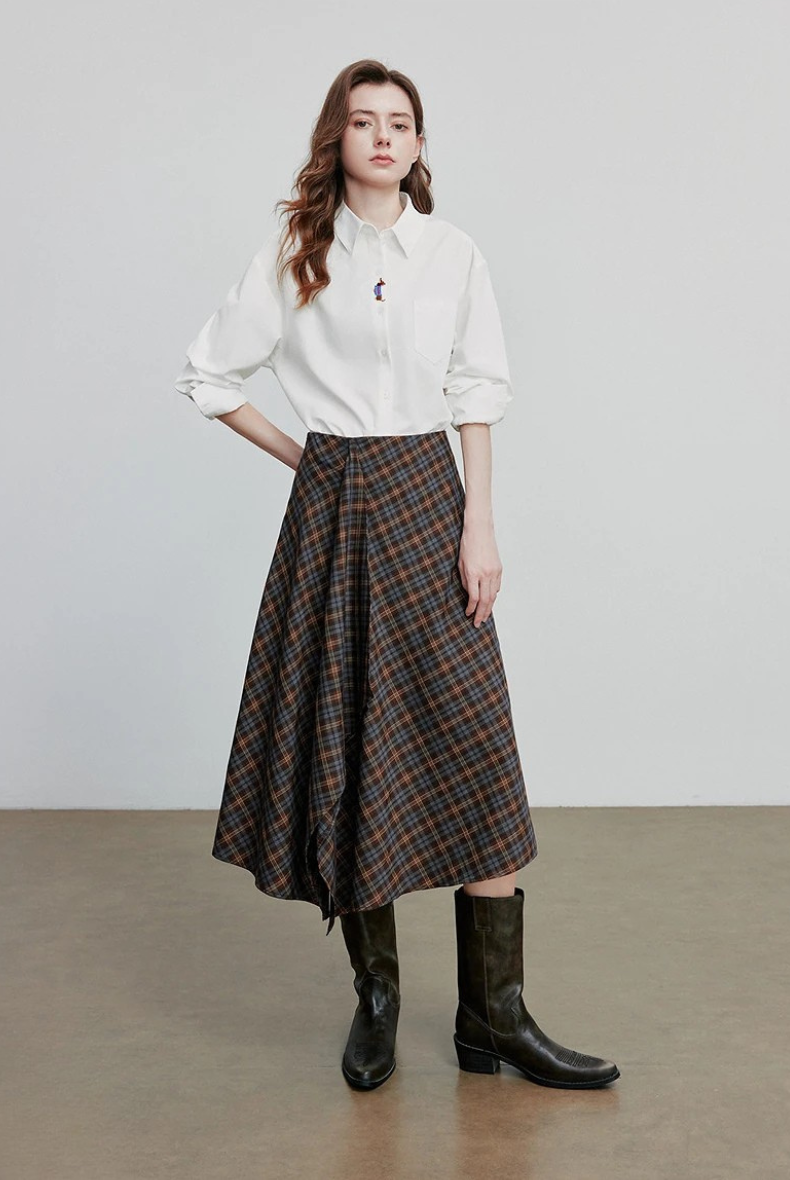 Checked Midi A-line Skirt