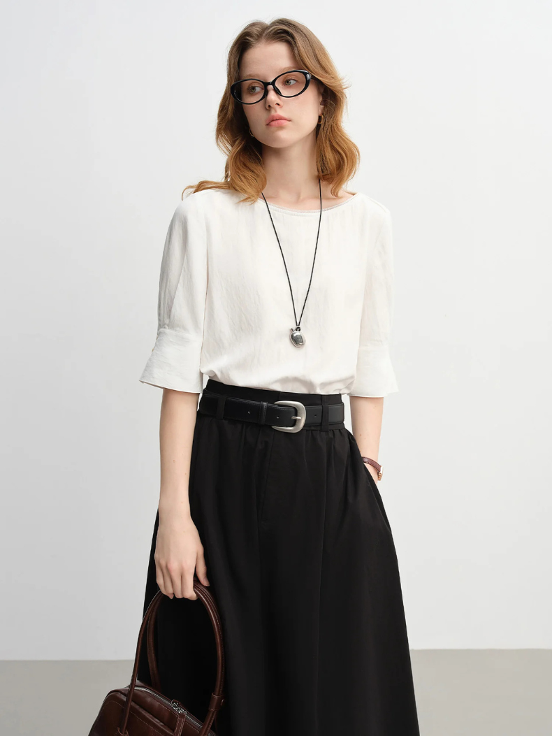 Wide Boat Neck Elbow Sleeve Blouse