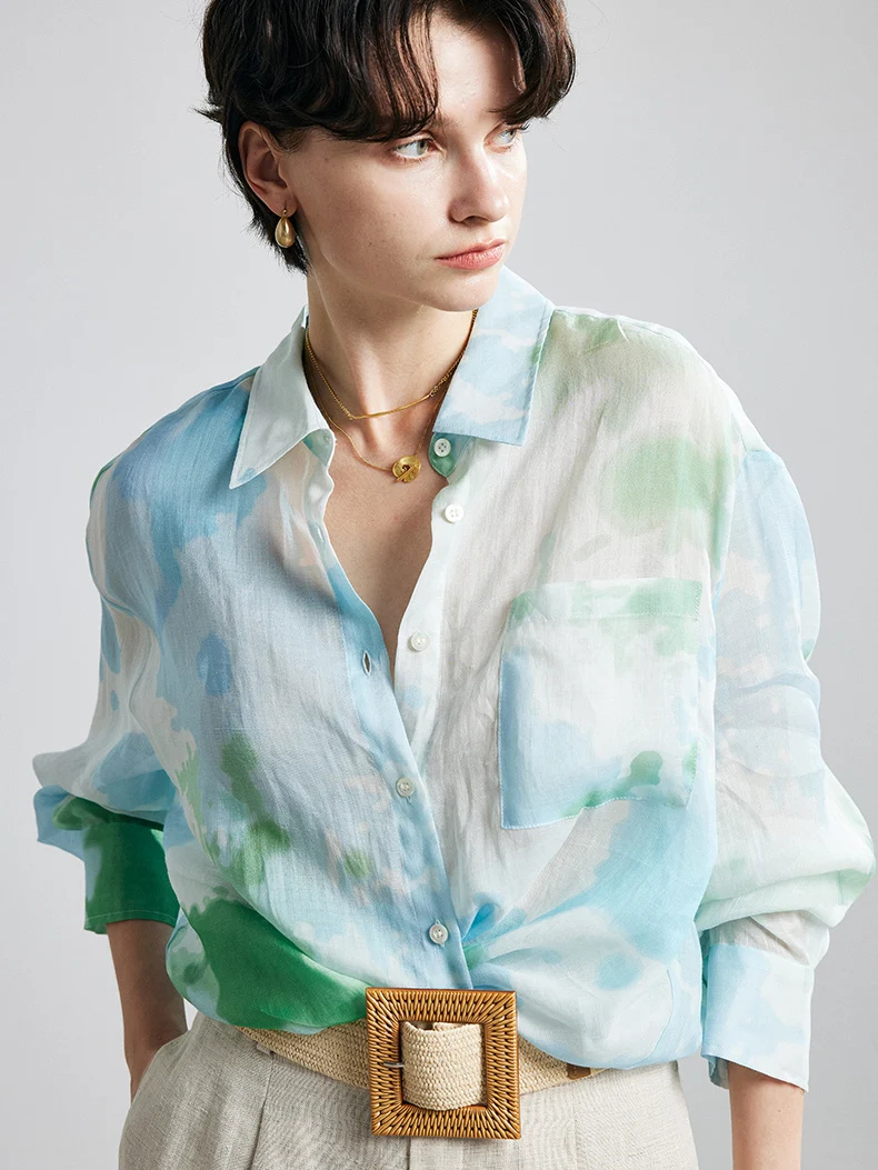 Printed Ramie Button-Up Blouse