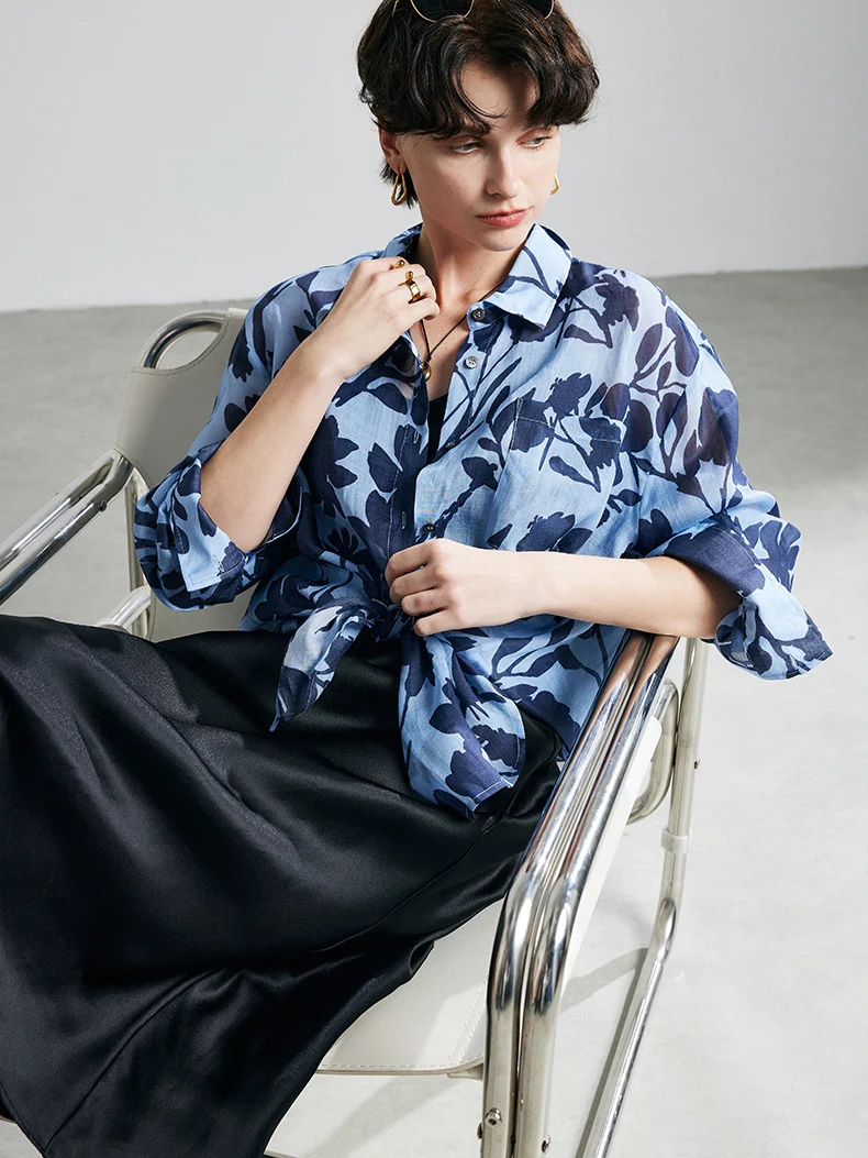Printed Ramie Button-Up Blouse