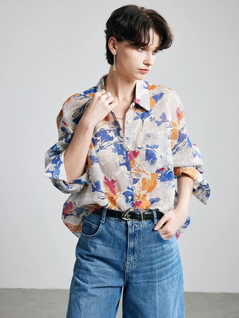 Printed Ramie Button-Up Blouse