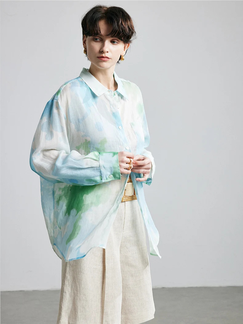 Printed Ramie Button-Up Blouse