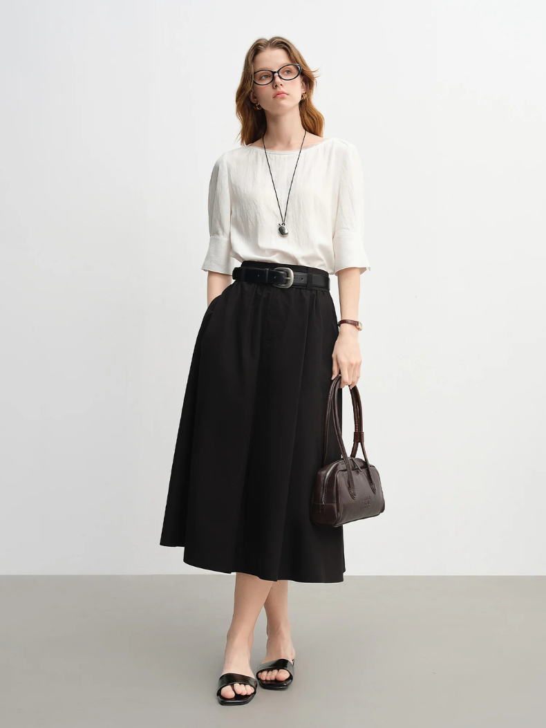 Wide Boat Neck Elbow Sleeve Blouse