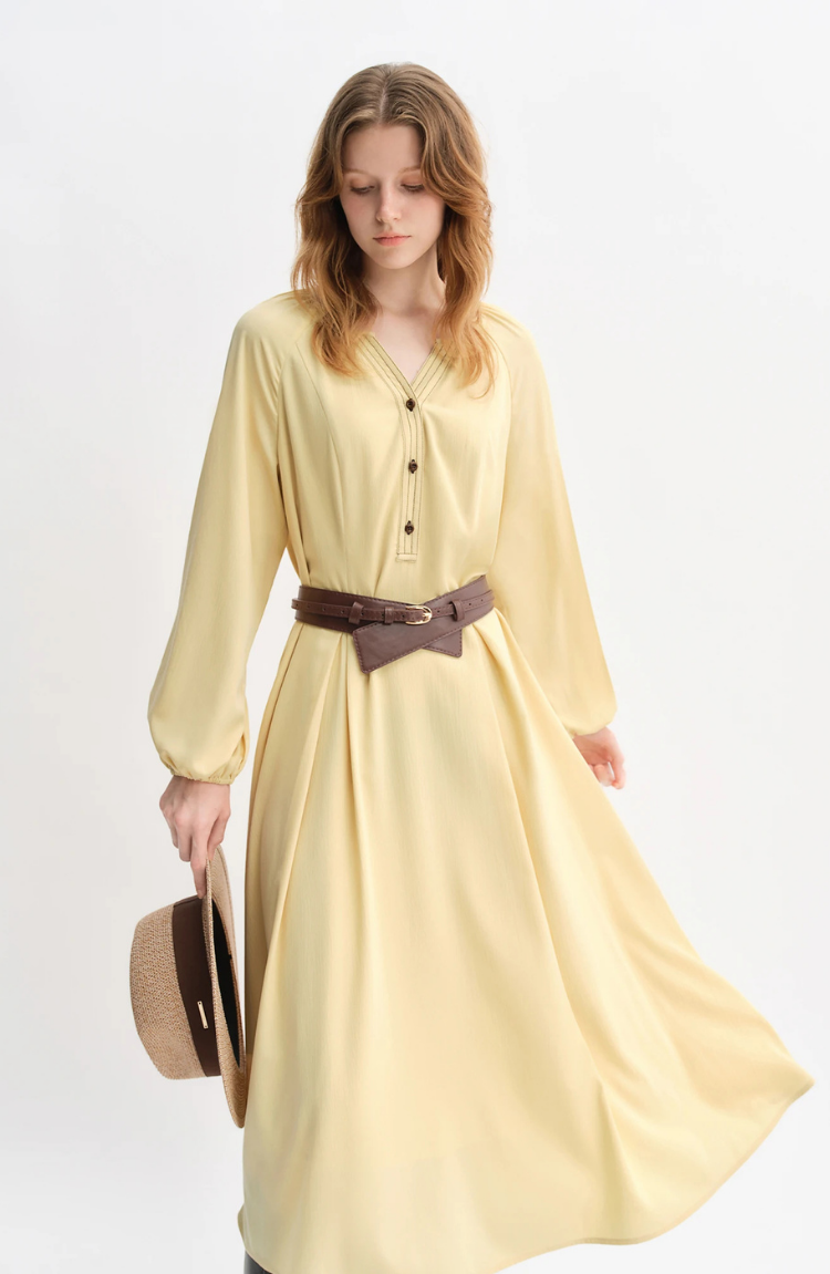 Long Sleeve Belted Midi Shirt Dress for Women