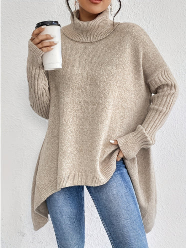 Oversized Roll Neck Jumper for Women with Asymmetric Hem