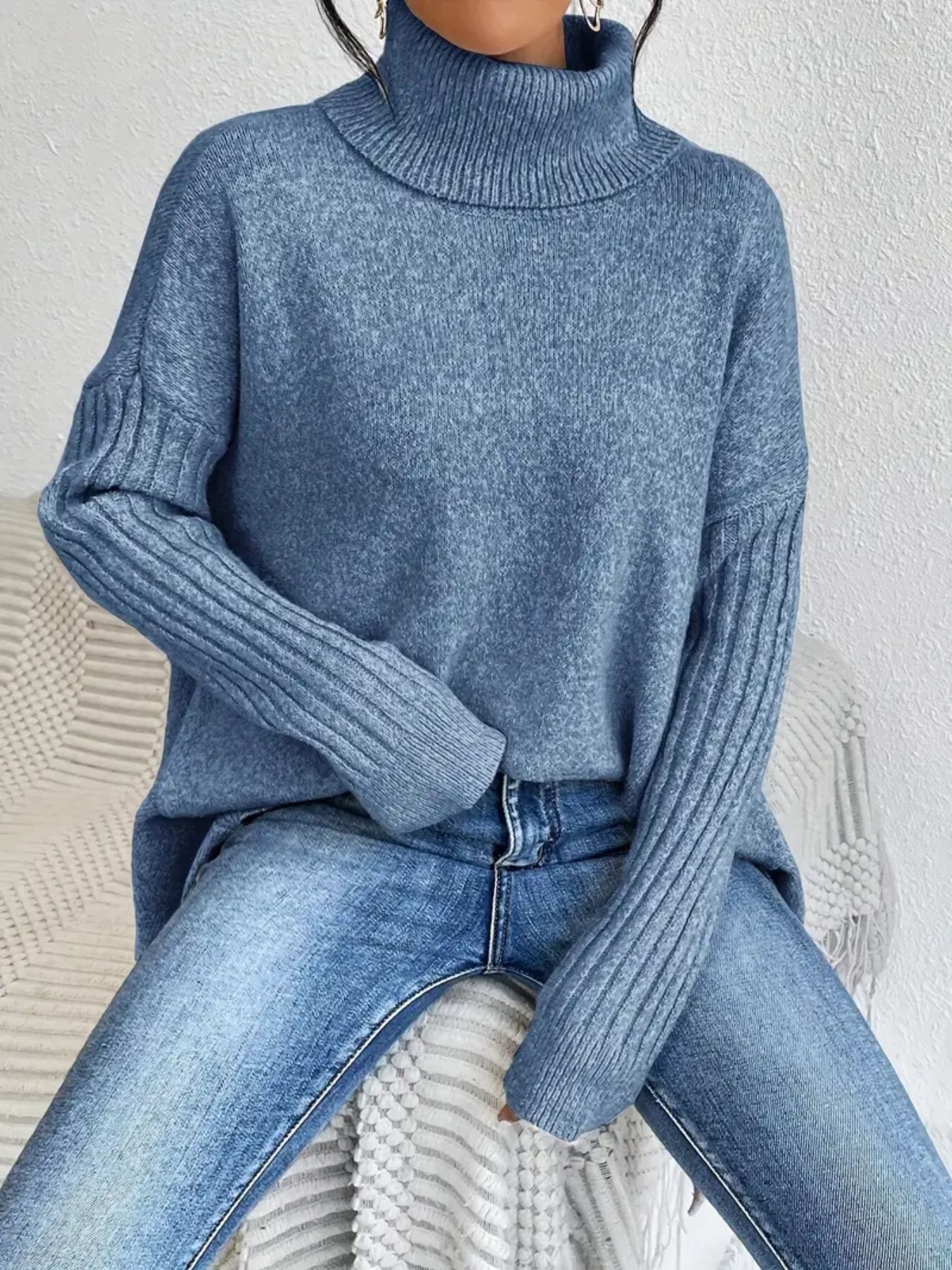 Oversized Roll Neck Jumper for Women with Asymmetric Hem