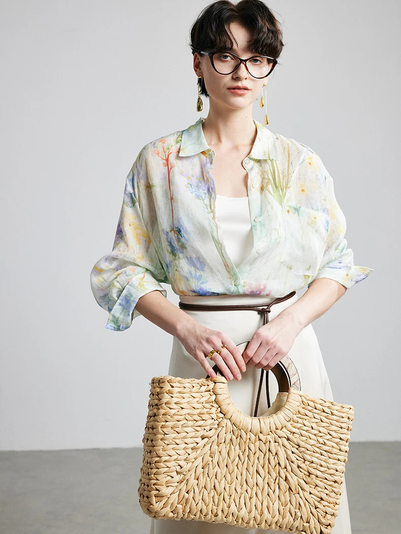 Printed Ramie Button-Up Blouse