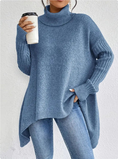 Oversized Roll Neck Jumper for Women with Asymmetric Hem