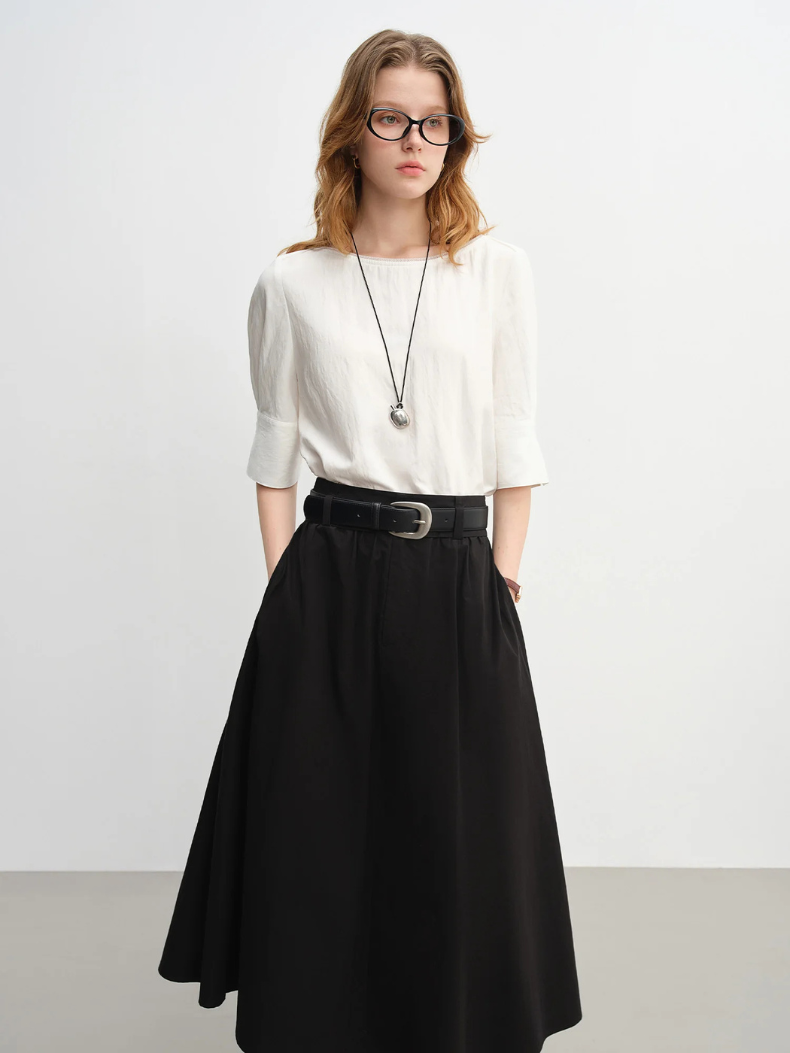 Wide Boat Neck Elbow Sleeve Blouse