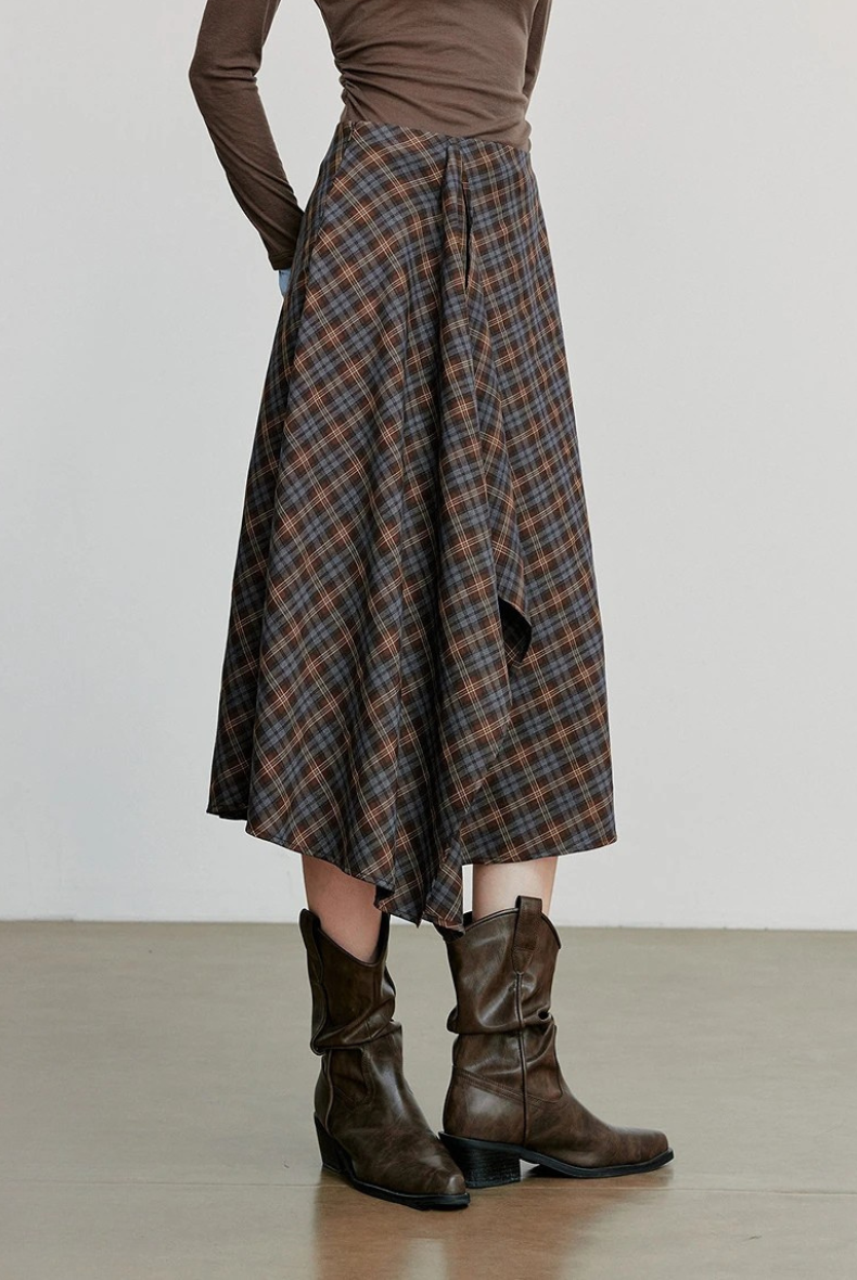 Checked Midi A-line Skirt