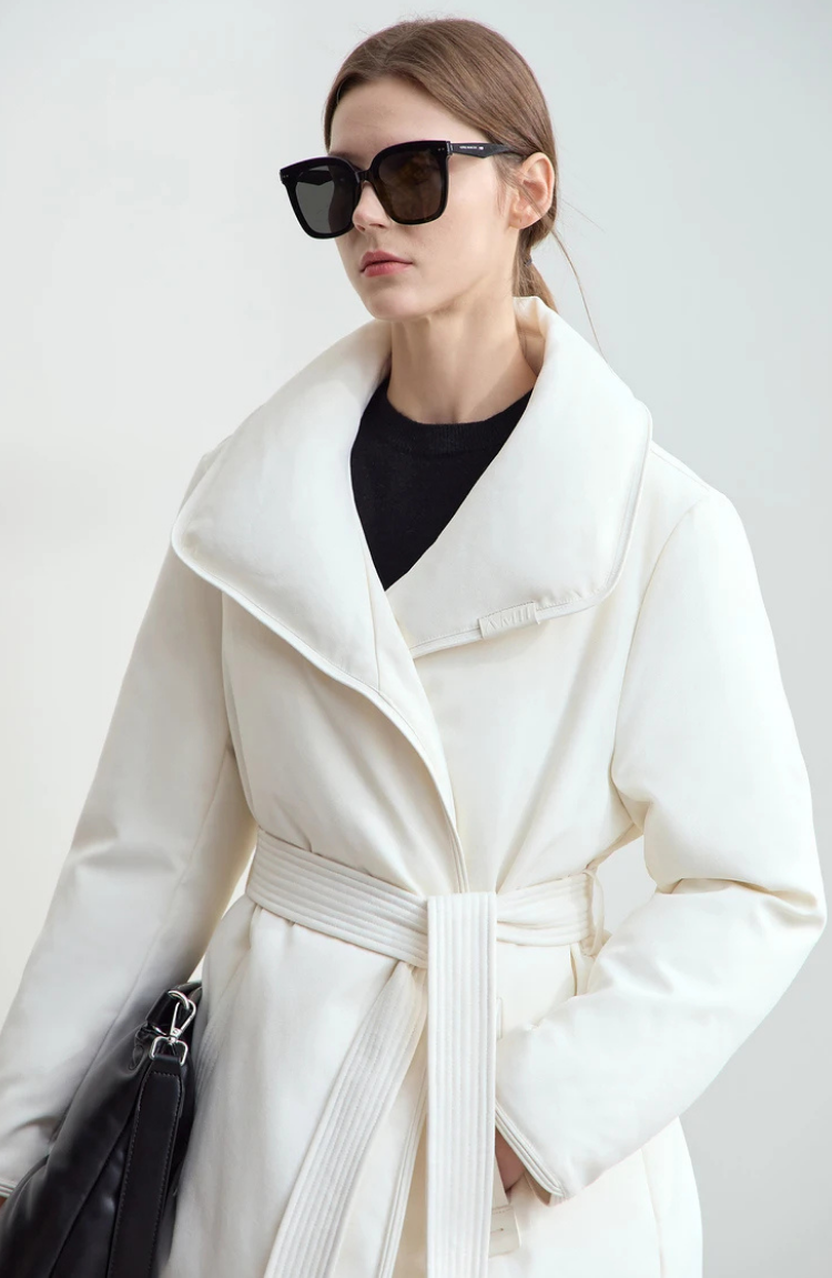 Belted Down Jacket with Shawl Collar