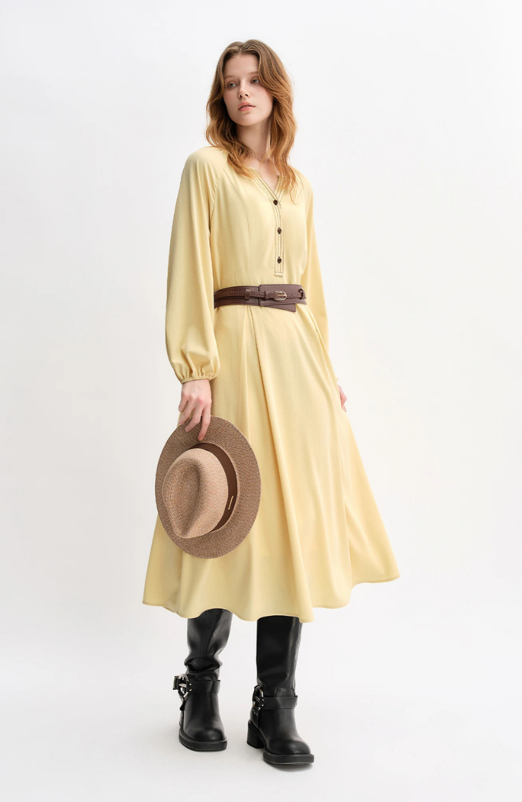 Long Sleeve Belted Midi Shirt Dress for Women