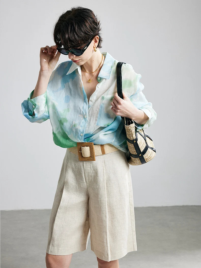 Printed Ramie Button-Up Blouse