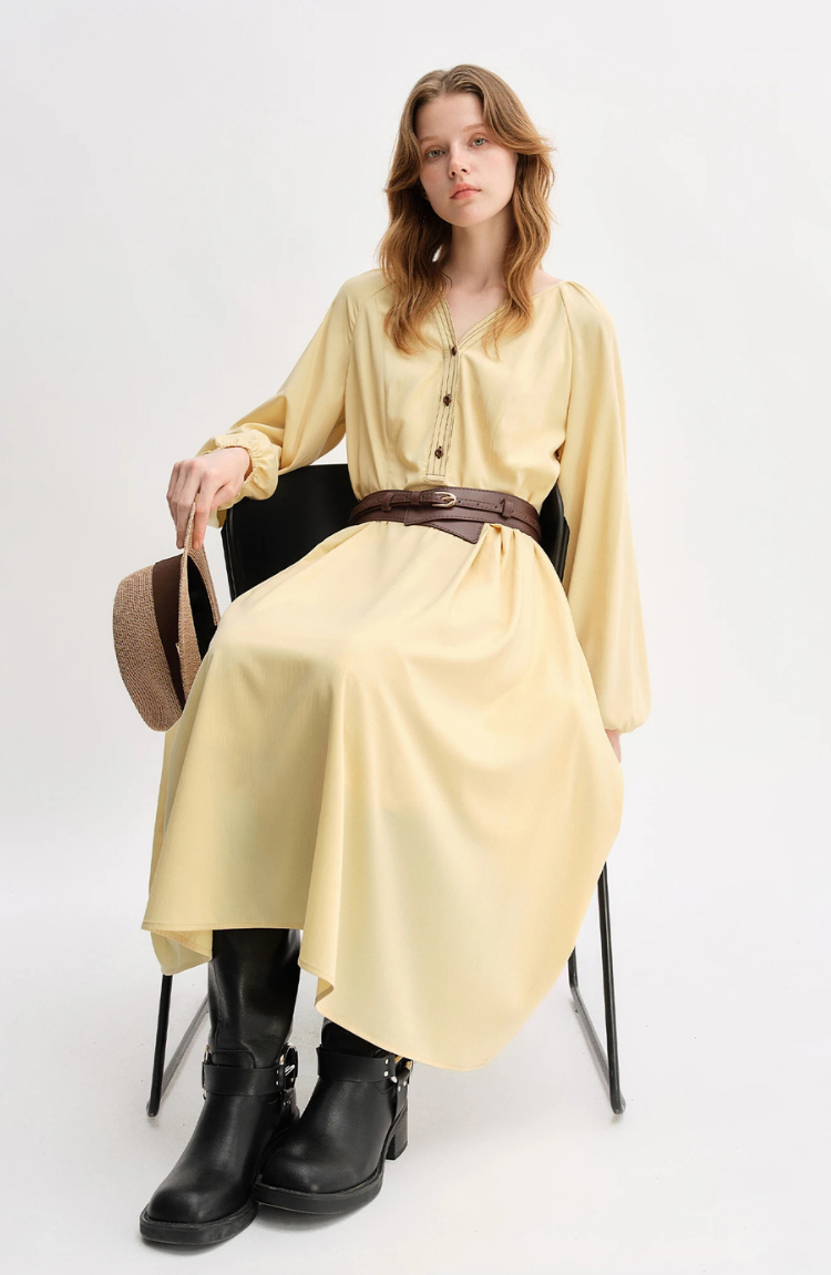 Long Sleeve Belted Midi Shirt Dress for Women