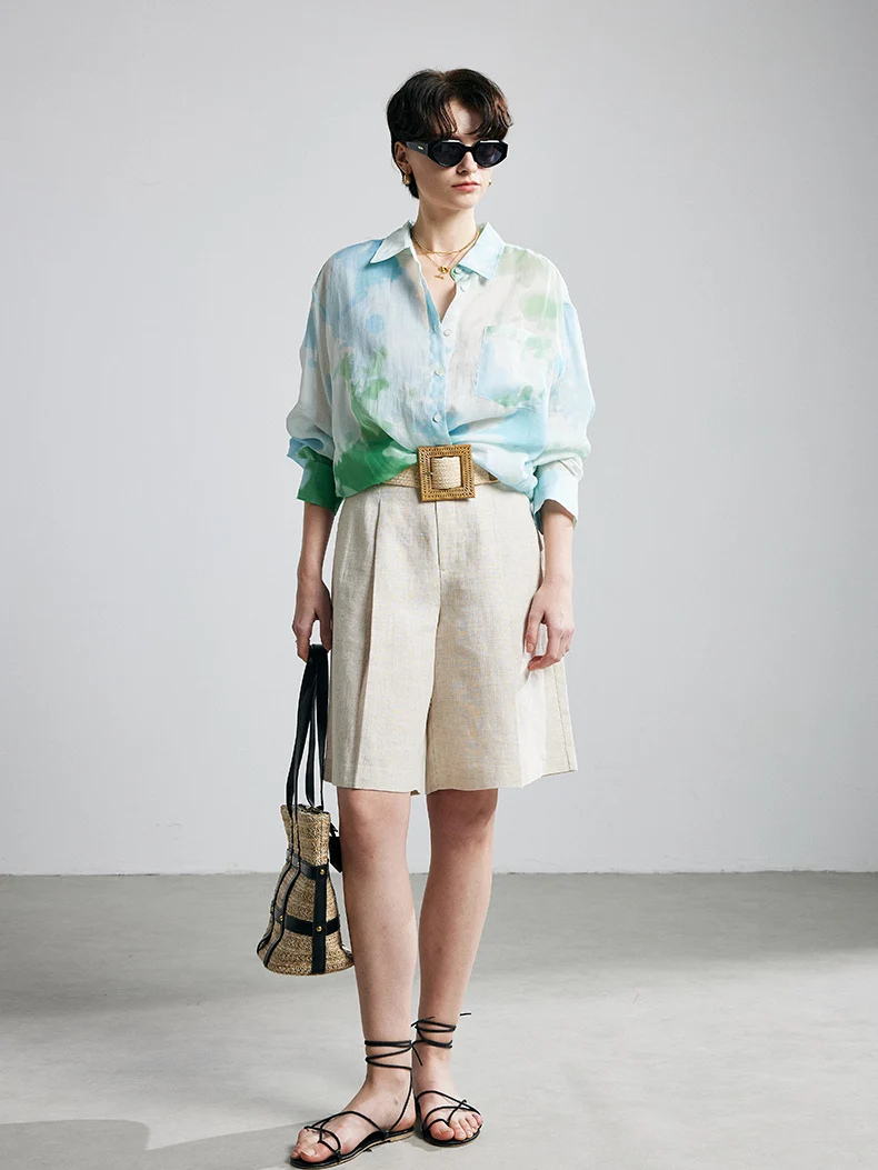 Printed Ramie Button-Up Blouse