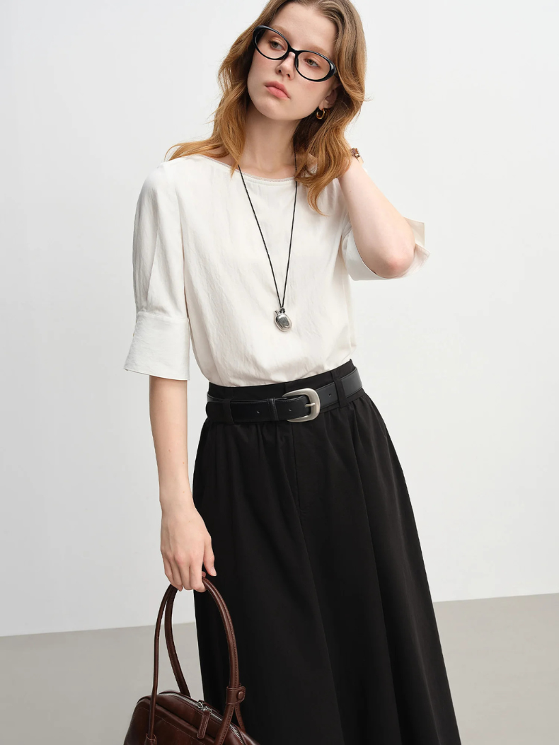 Wide Boat Neck Elbow Sleeve Blouse
