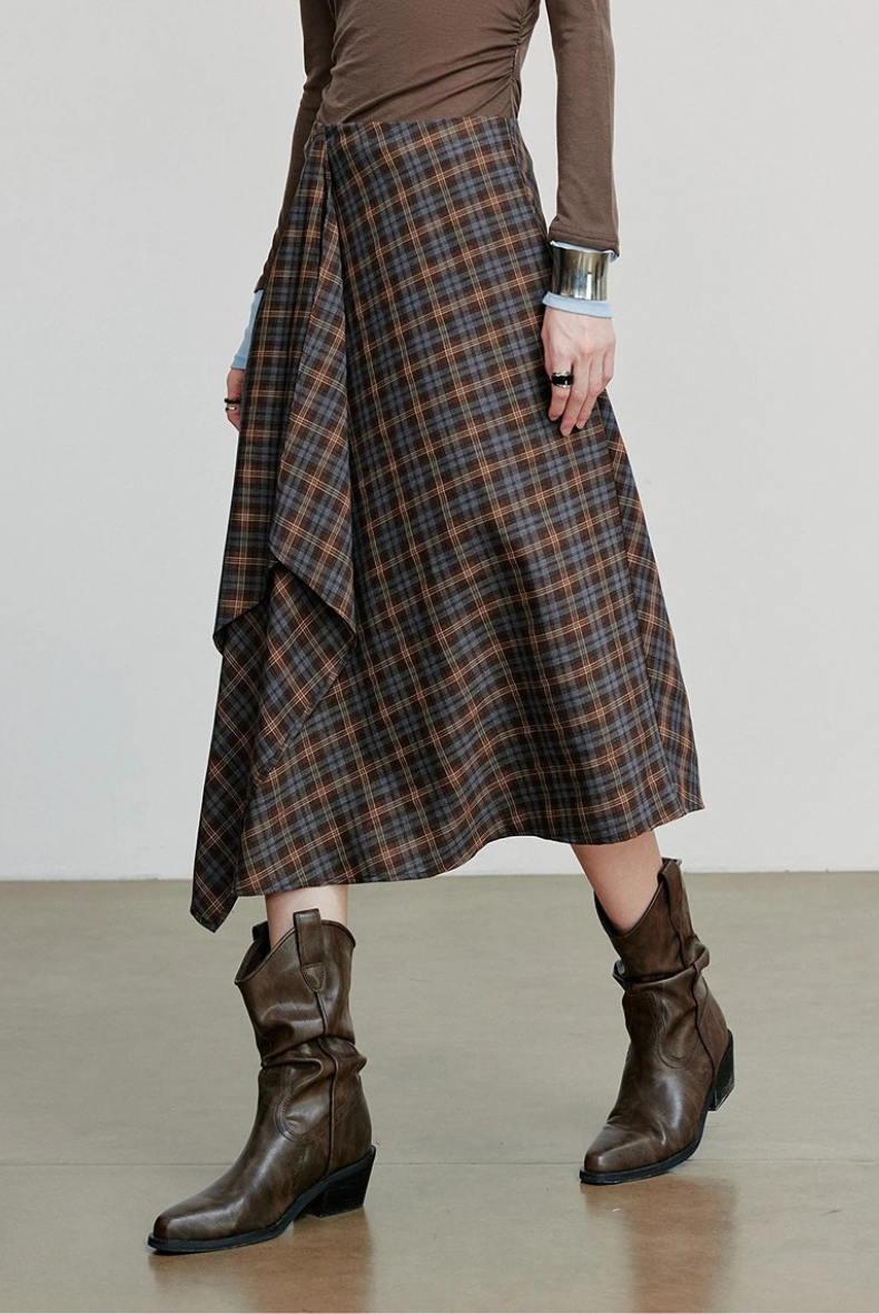 Checked Midi A-line Skirt