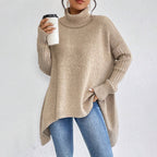 Oversized Roll Neck Jumper for Women with Asymmetric Hem