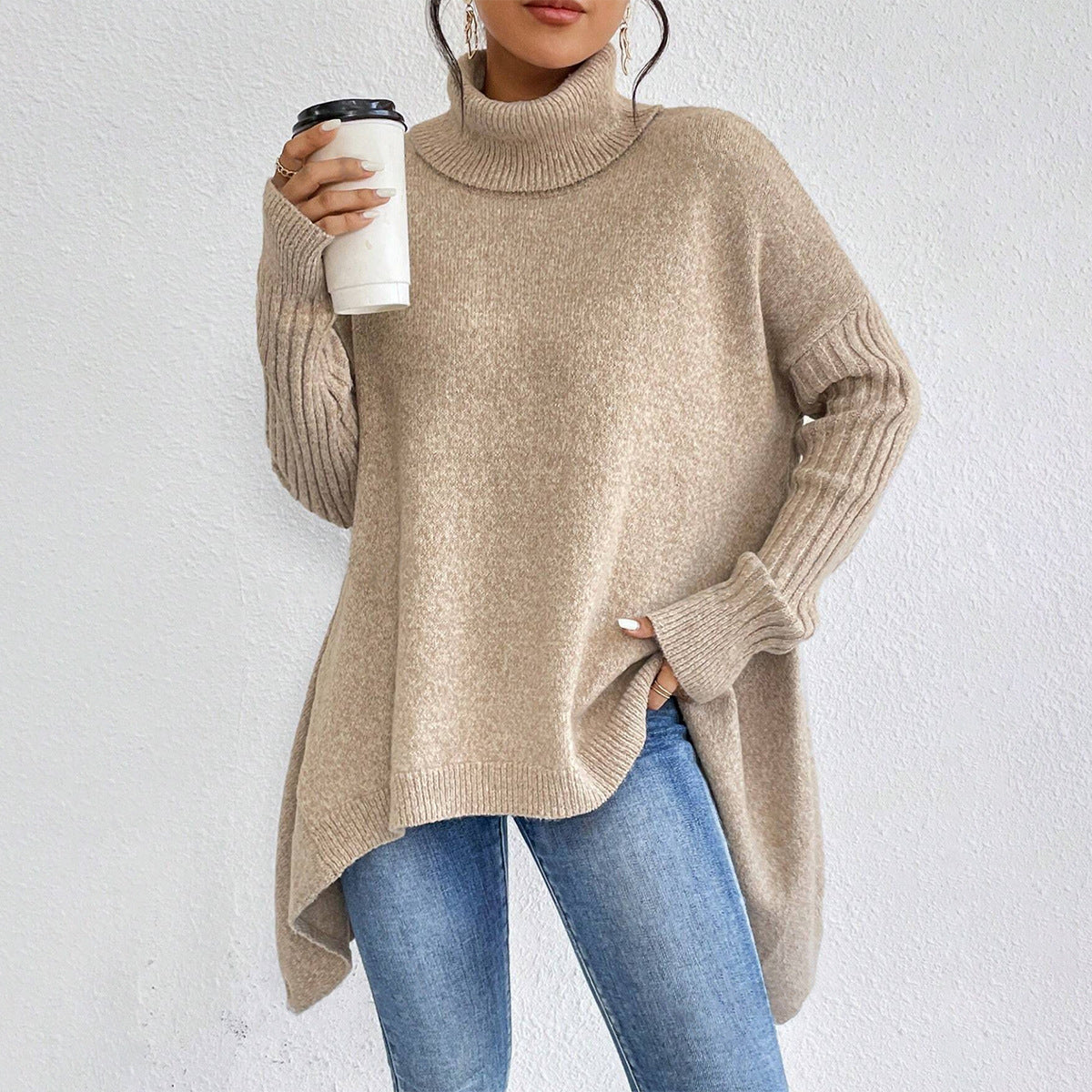 Oversized Roll Neck Jumper for Women with Asymmetric Hem