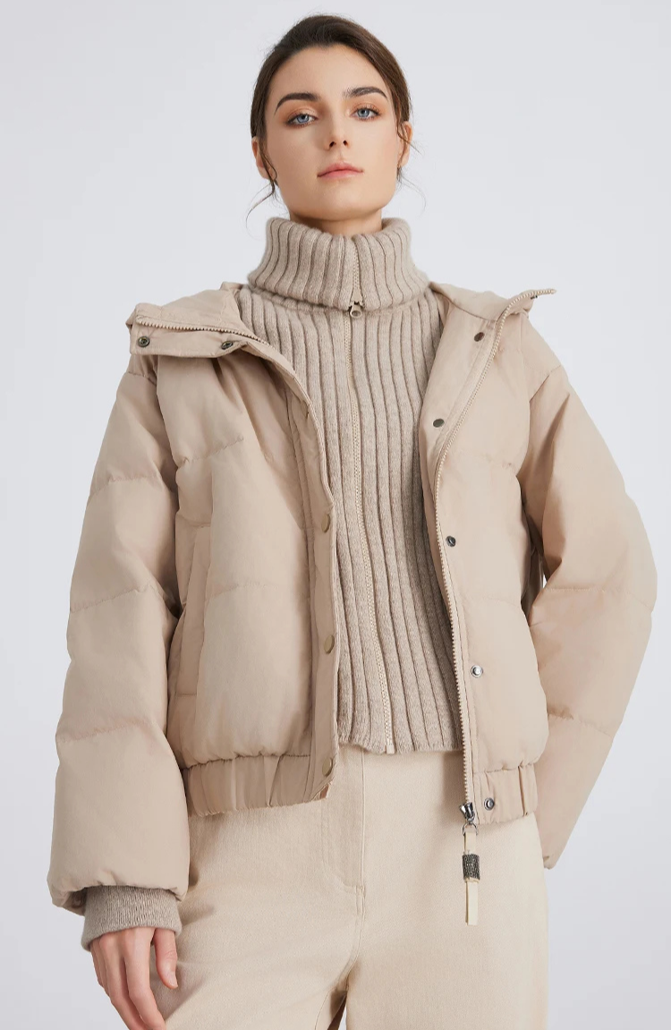 Hooded Short Down Jacket with Zip Closure