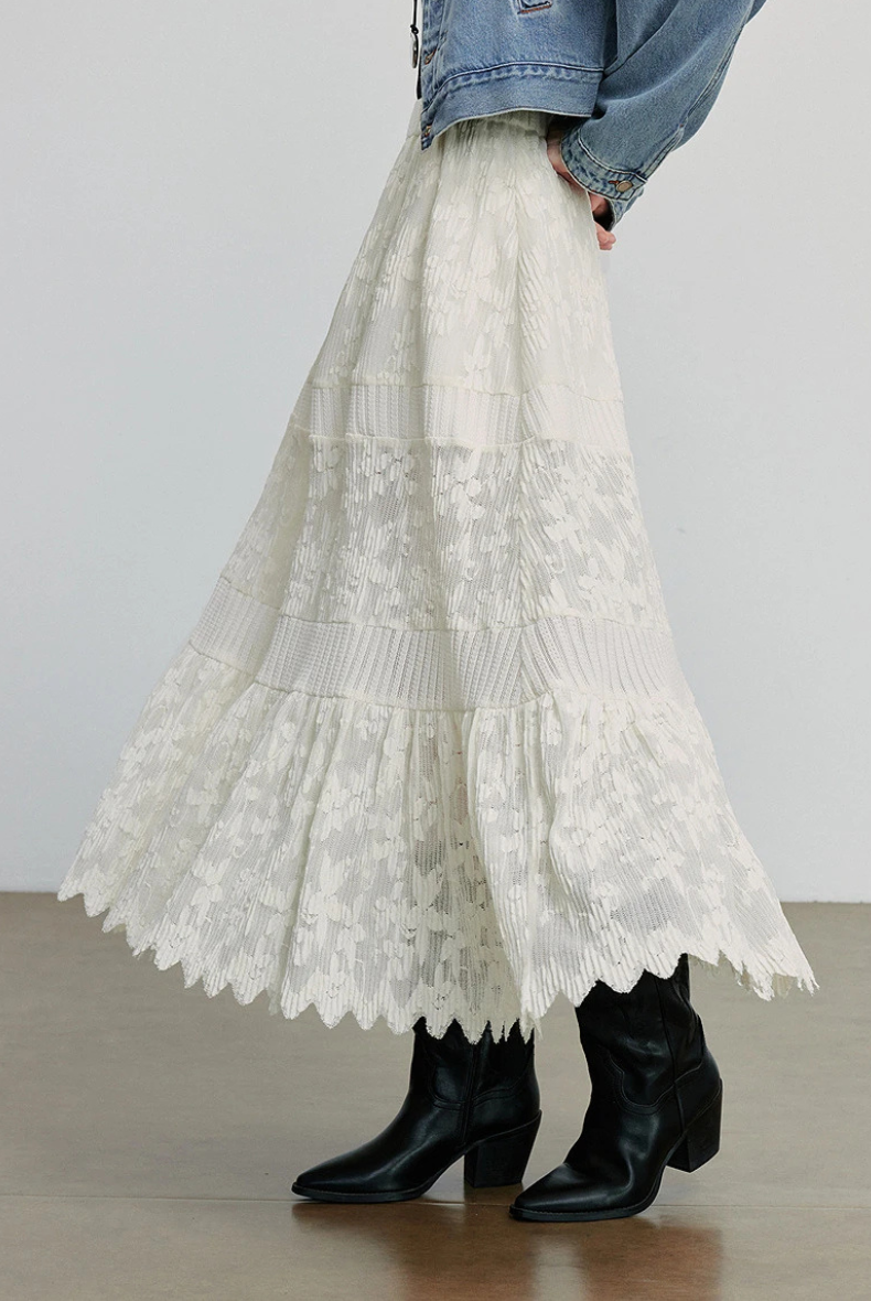 High Waist Tiered Lace Maxi Skirt