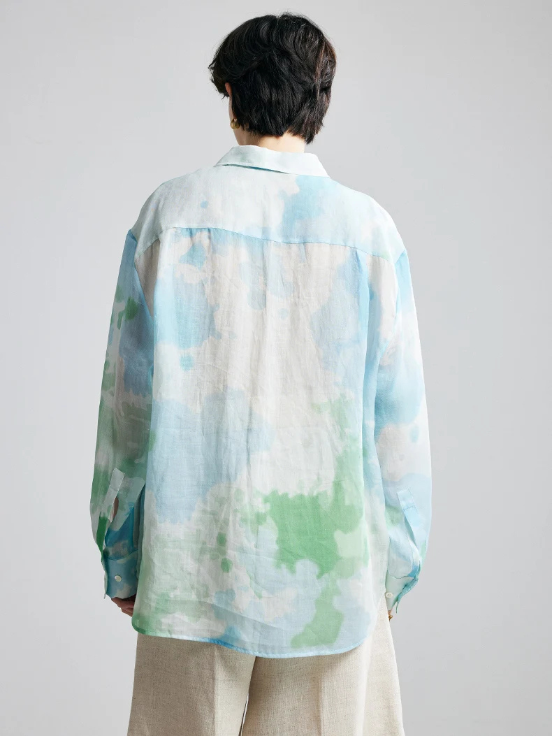 Printed Ramie Button-Up Blouse