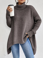 Oversized Roll Neck Jumper for Women with Asymmetric Hem