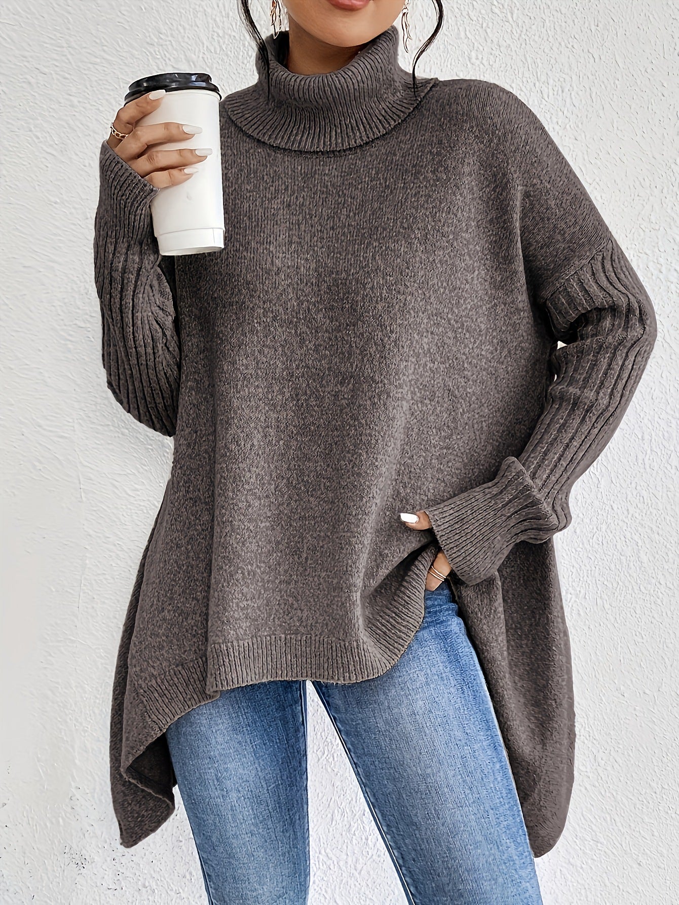 Oversized Roll Neck Jumper for Women with Asymmetric Hem