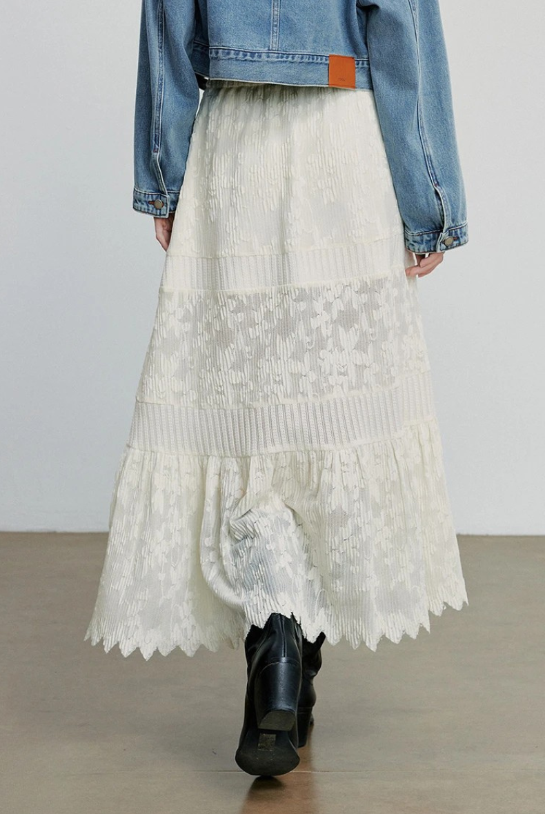 High Waist Tiered Lace Maxi Skirt