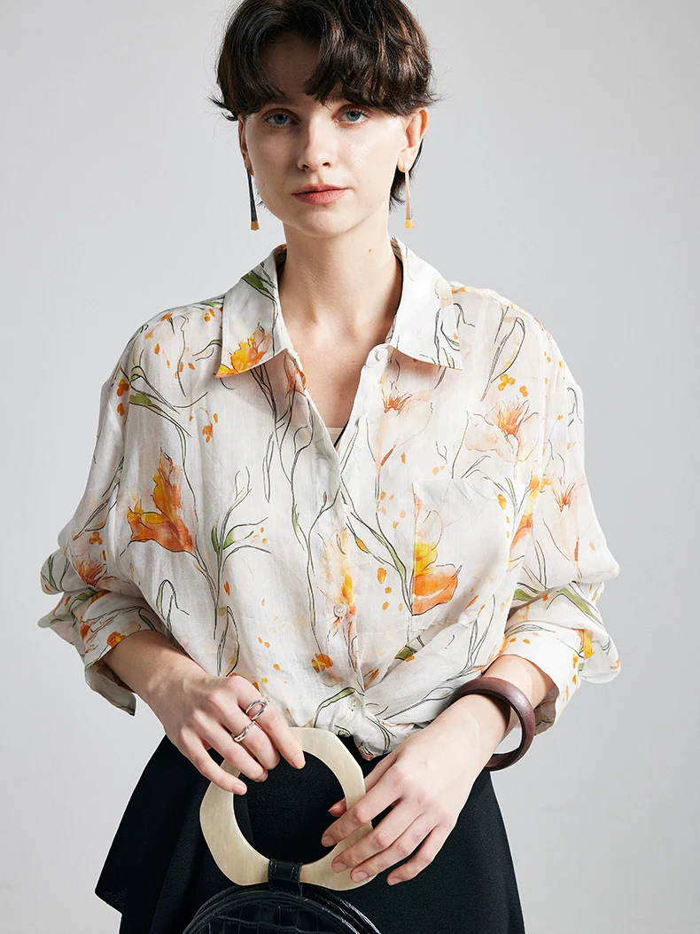 Printed Ramie Button-Up Blouse