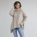 Oversized Roll Neck Jumper for Women with Asymmetric Hem