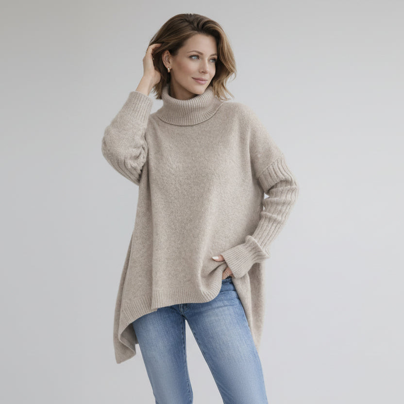 Oversized Roll Neck Jumper for Women with Asymmetric Hem
