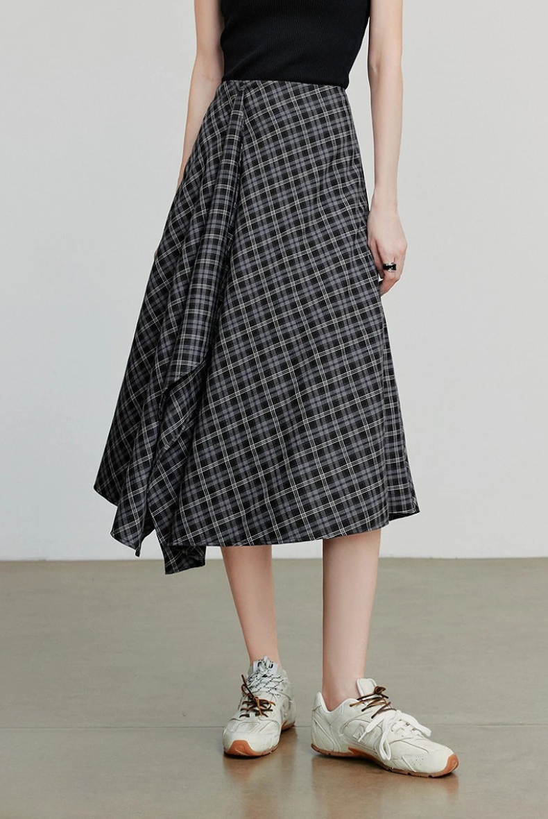 Checked Midi A-line Skirt