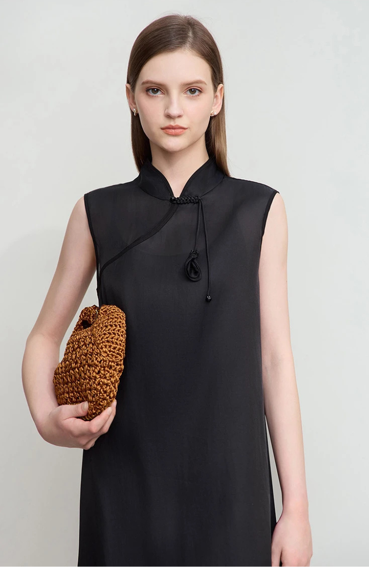 Sleeveless Mandarin Collar Midi Dress