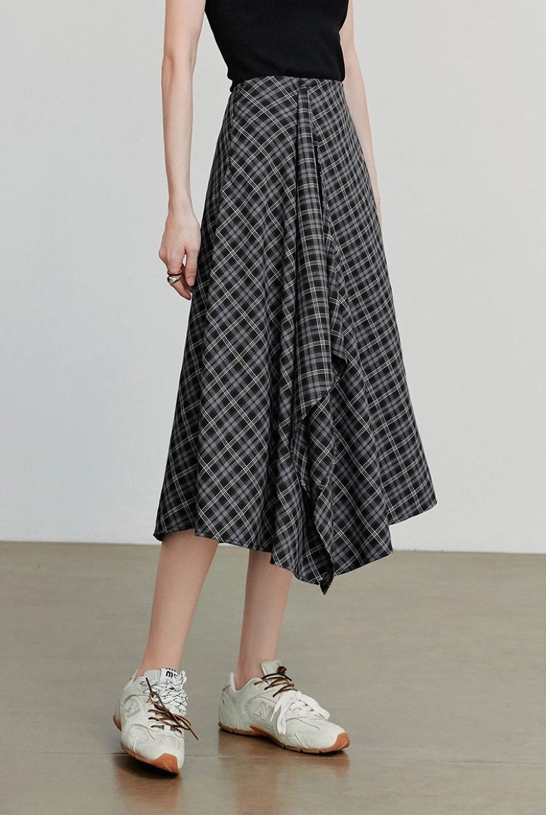 Checked Midi A-line Skirt
