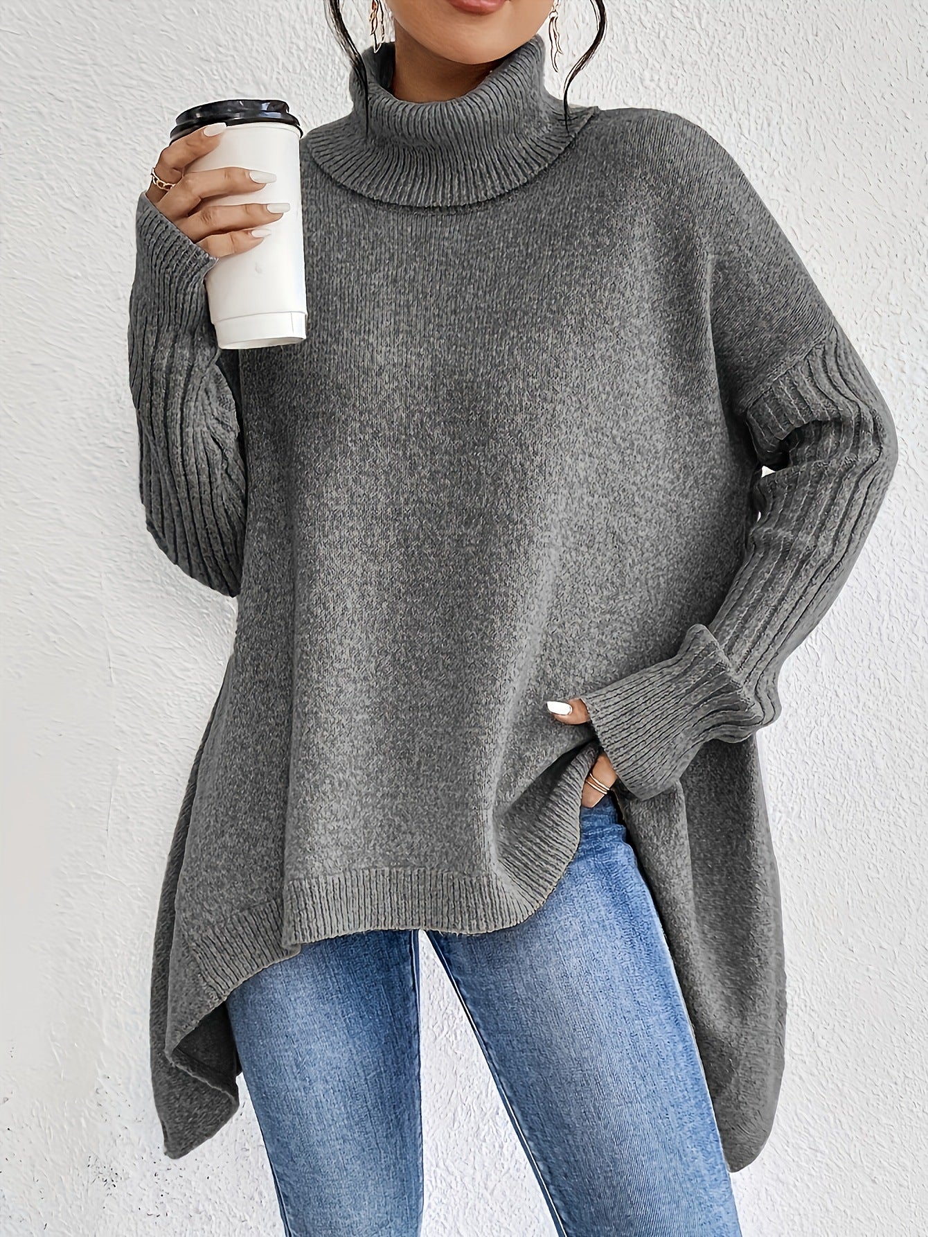 Oversized Roll Neck Jumper for Women with Asymmetric Hem