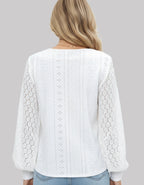 Broderie Anglaise V-Neck Long Sleeve Blouse for Women
