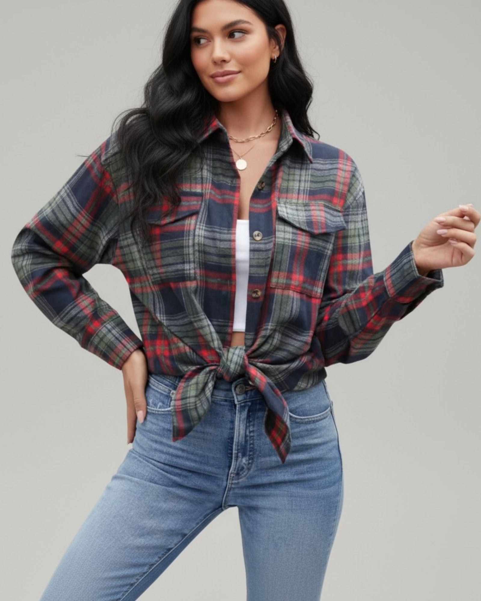 Checked Long Sleeve Shirt with Pockets for Women