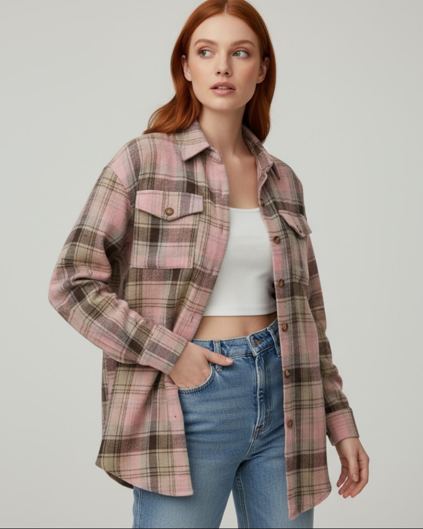 Checked Long Sleeve Shirt with Pockets for Women