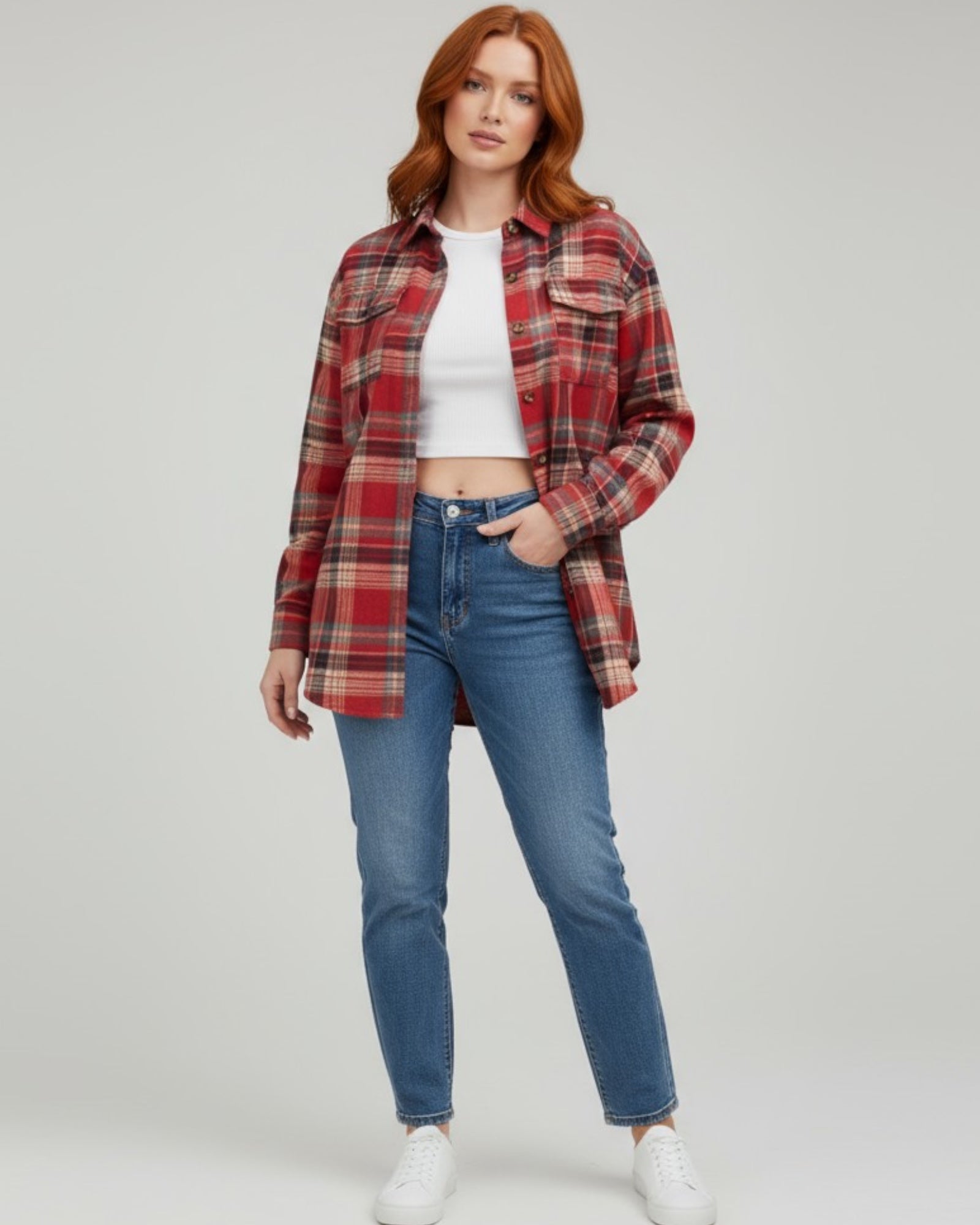 Checked Long Sleeve Shirt with Pockets for Women