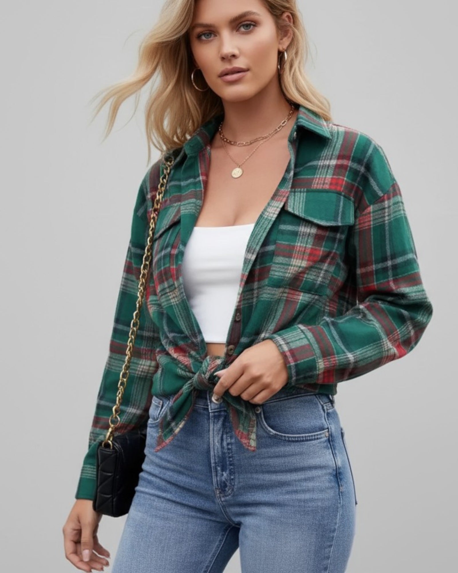 Checked Long Sleeve Shirt with Pockets for Women