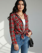 Checked Long Sleeve Shirt with Pockets for Women