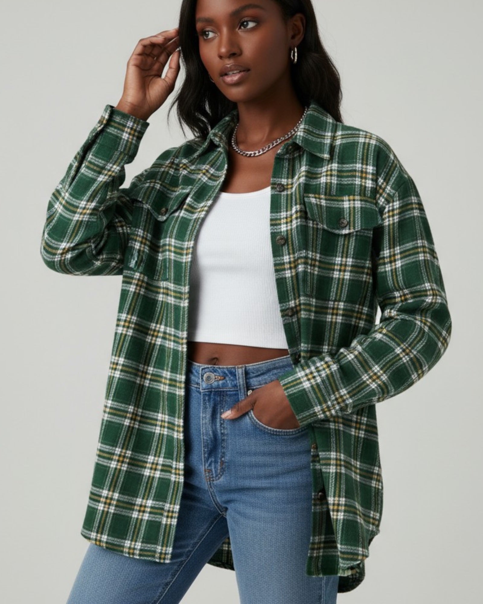 Checked Long Sleeve Shirt with Pockets for Women